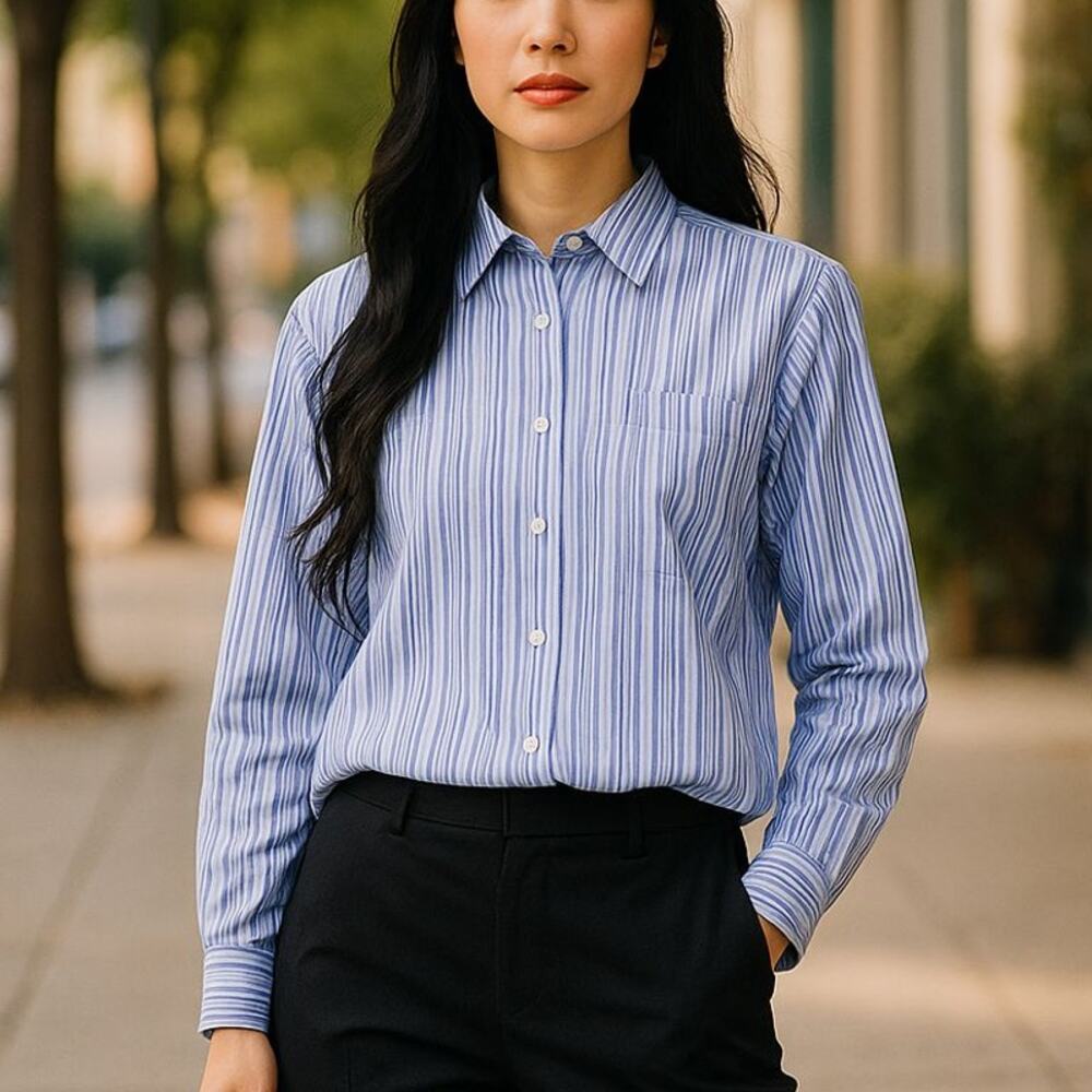 L.L. Bean 100% Cotton Wrinkle Resistant Blue and White Button Up Shirt Size M